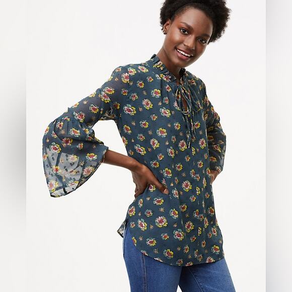LOFT Tops - LOFT Bell Sleeve Blouse with Mandarin Collar Floral Print Chiffon XSP to Small
